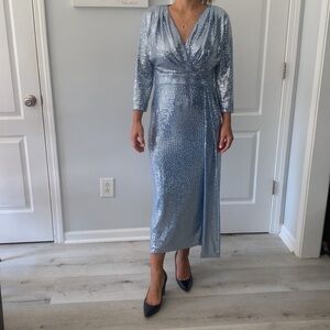 Teri‎ Jon by Rickie Freeman Gown Faux wrap dress size 4 shimmer metallic maxi